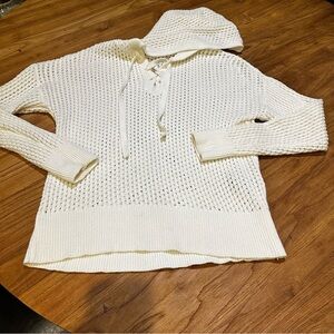 GAP Women’s Lace Up Open Knit Pullover Hooded Sweater Winter Snowflake White L